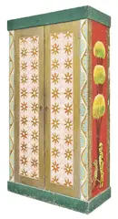 Mirka Mora, Carved and painted wardrobe with rectangular pediment and twin full length doors, the exterior decorated with flowers, figures, birds and a kangaroo all raised on a plinth base