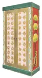 Mirka Mora, Carved and painted wardrobe with rectangular pediment and twin full length doors, the exterior decorated with flowers, figures, birds and a kangaroo all raised on a plinth base