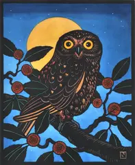 Leslie van der Sluys, Boobook Owl and Australian Cheesewood Tree, 1984, linocut A.P (IC)