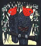 Leslie van der Sluys, Gang Gang Cockatoos and Lemon Scented Gum, 1982, linocut 86/90