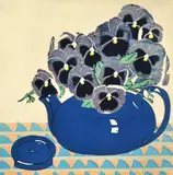 Aileen Brown, Tea Pot of Blue Pansies, 1987, linocut 46/50