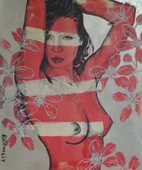 David Bromley, Red Model with Flowers, oil on canvas, signed Bromley lower left, 180 x 150cm, oil
