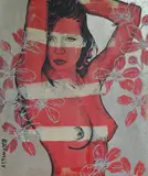 David Bromley, Red Model with Flowers, oil on canvas, signed Bromley lower left, 180 x 150cm, oil