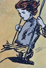 David Bromley, , Girl on Swing, hand stitched and painted embroidery on linen, 72 x 50cm