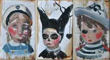 David Bromley, Group of three paintings depicting pirate children, oil on panel, 14 x 8.5cm (each), 32 x 26cm including frame Note: each housed in hand painted frame, oil