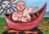 Mirka Mora, Figure and Duck on Boat, gouache on paper, signed and dated Mirka Mora mid right, 24.5 x 35cm