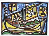 Pasquale Giardino, Figures on a Boat, gouache and pastel on paper, 36 x 50cm