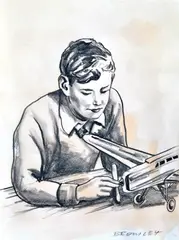 David Bromley, Boy with Toy Plane, pencil and watercolour on paper, signed Bromley lower right, 38 x 27.5cm, watercolor