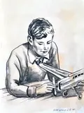 David Bromley, Boy with Toy Plane, pencil and watercolour on paper, signed Bromley lower right, 38 x 27.5cm, watercolor