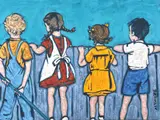 David Bromley, , Children looking over Fence, oil on canvas, signed Bromley lower right, 91 x 122cm