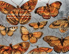 David Bromley, Orange Butterflies, oil on canvas, signed lower centre, 122 x 153cm, oil