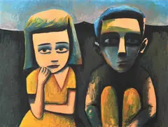 Charles Blackman, Seated Children in Landscape c.1953/54 oil on paper on board, signed Blackman lower left, 90 x 122cm, oil