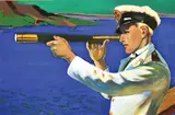 David Bromley, Man with Telescope, oil on canvas 3D box, 39 x 58.5cm