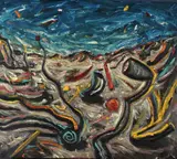 Peter Booth, ,The Entrance 1985, oil on canvas, signed titled and dated verso, 121.5 x 137cm