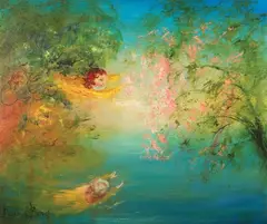 David Boyd, Swimming Girls and Blossom, oil on board