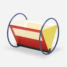 Peter Keler, Cradle, enameled wood, caning, vinyl, enameled steel