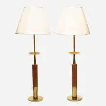 Stiffel, Table lamps, pair, c. 1960, brass, turned wood