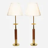 Stiffel, Table lamps, pair, c. 1960, brass, turned wood