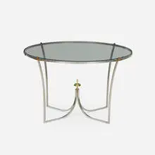 Coffee table by Tommi Parzinger, c. 1955, nickel-plated steel, brass, glass, sold Jul 2021