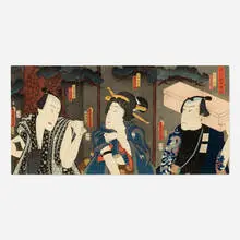 Three Actors in Their Kabuki Roles by Utagawa Kunisada, 1861, woodblock print, sold Jul 2021