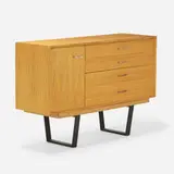 Slat bench, model 4690 with cabinet, model 4712 by George Nelson & Associates, birch, combed oak, lacquered wood, aluminum, sold Jul 2021