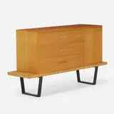 Slat bench, model 4692 with cabinet by George Nelson & Associates, birch, combed oak, lacquered wood, aluminum, sold Jul 2021