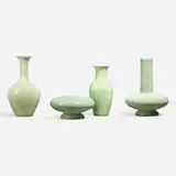 Collection of four Celadon production items by Rookwood Pottery, 1932, 1938, 1943, 1945, glazed porcelain, sold Aug 2023