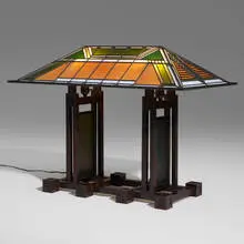Frank Lloyd Wright, Dana-Thomas House double-pedestal table lamp, lacquered copper, leaded glass