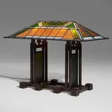 Frank Lloyd Wright, Dana-Thomas House double-pedestal table lamp, lacquered copper, leaded glass
