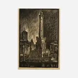 Charles Turzak, Old Water Tower (Chicago), 1927, woodcut