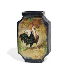 Charles Volkmar, earthenware barbotine style vase featuring two strutting roosters