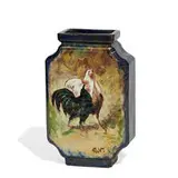 Charles Volkmar, earthenware barbotine style vase featuring two strutting roosters