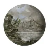 massive earthenware charger with colorful scene of mountains and a lake by Albert R. Valentien for Rookwood Pottery, sold Apr 2022