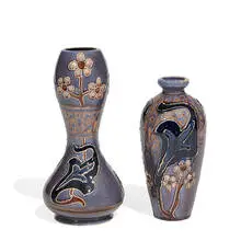 Vance-Avon Faience, earthenware vases with carved and squeeze bag floral decoration