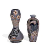 Vance-Avon Faience, earthenware vases with carved and squeeze bag floral decoration