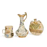 group of Hungarian Faience items, three: mug, tall ewer and hanging canteen by Cincinnati Art Pottery or William Dell Pottery, sold Apr 2022