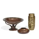 Heintz Art Metal Shop, group of articles, three: compote with rose vine decoration, #1871, low squat vase with duck and foliage decoration, #3666A and acid-etched and gilt vase, #3792