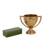 Heintz Art Metal Shop, cigar humidor with applied equestrian fox hunt motif with green patina, #4095
