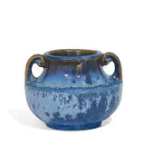 small two-handled earthenware vase with small blue crystals covering nearly half the surface by Fulper Pottery, sold Apr 2022