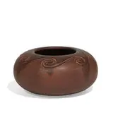 Arts & Crafts earthenware bowl with hand incised swirls on a deep mottled brown glaze, shape number 214A by Rookwood Pottery, sold Apr 2022