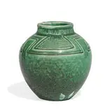Albert Munson for Rookwood Pottery, earthenware Z-Line vase with hand-incised geometric patterns and mottled glaze, shape number 1EZ