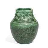 Albert Munson for Rookwood Pottery, earthenware Z-Line vase with hand-incised geometric patterns and mottled glaze, shape number 33EZ