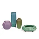 group of matte glazed earthenware items, four by Rookwood Pottery, sold Apr 2022