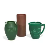 group of matte glazed earthenware articles with incised geometric designs, three by Rookwood Pottery, sold Apr 2022