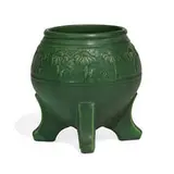 Mat Green earthenware vase with embossed daisies and four buttress feet and slightly crystalline glaze by Weller Pottery, sold Apr 2022