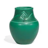 earthenware Z-Line vase with incised geometric designs under a slightly crystalline glaze, shape number 33CZ by Rookwood Pottery, sold Apr 2022