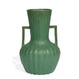 Peters & Reed Pottery, earthenware Velvet Mat glaze twin-handled vase with a slightly crystalline glaze on a vertically ribbed body