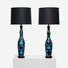 table lamps, pair by Guido Gambone, c. 1965, glazed stoneware, brass, lacquered wood, linen, sold Sep 2013