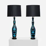 table lamps, pair by Guido Gambone, c. 1965, glazed stoneware, brass, lacquered wood, linen, sold Sep 2013