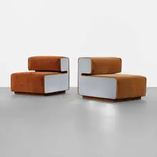 Pierre Cardin, lounge chairs, pair, c. 1970, upholstery, mirrored steel